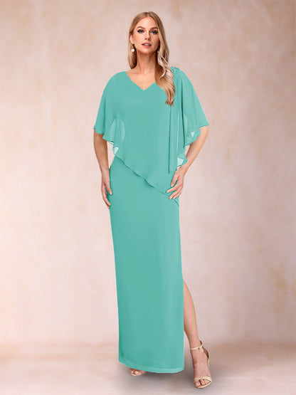 Sheath/Column Chiffon V-Neck Half Sleeves Mother of the Bride Dresses with Split Side