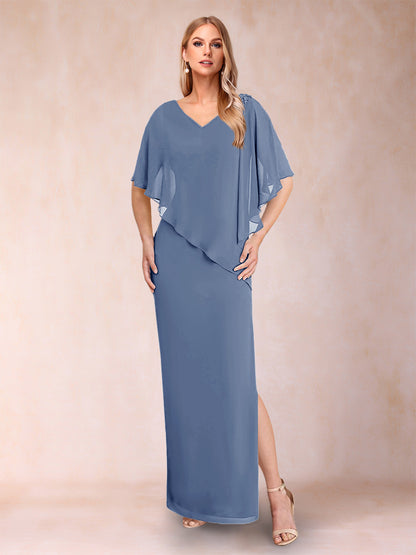 Sheath/Column Chiffon V-Neck Half Sleeves Mother of the Bride Dresses with Split Side