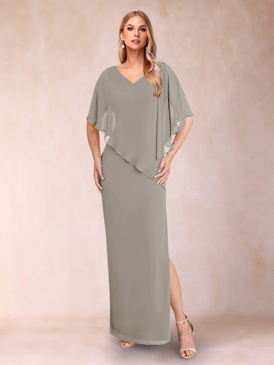 Sheath/Column Chiffon V-Neck Half Sleeves Mother of the Bride Dresses with Split Side