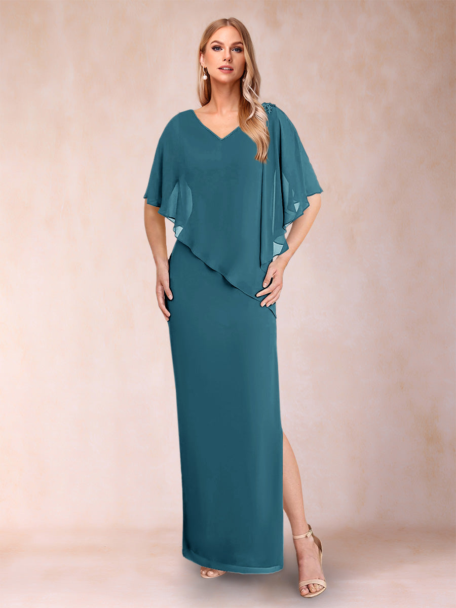 Sheath/Column Chiffon V-Neck Half Sleeves Mother of the Bride Dresses with Split Side