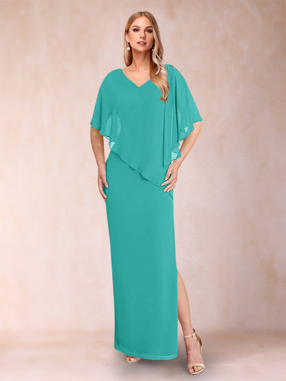 Sheath/Column Chiffon V-Neck Half Sleeves Mother of the Bride Dresses with Split Side