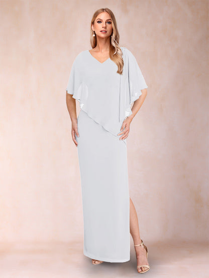 Sheath/Column Chiffon V-Neck Half Sleeves Mother of the Bride Dresses with Split Side