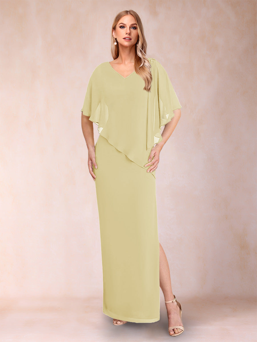 Sheath/Column Chiffon V-Neck Half Sleeves Mother of the Bride Dresses with Split Side