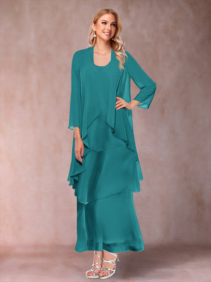 A-Line/Princess Scoop 3/4 Sleeves 3 Pieces Mother of the Bride Dress with Ruffles & Jacket