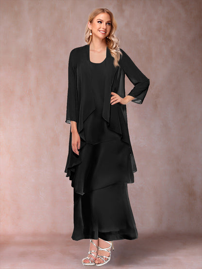A-Line/Princess Scoop 3/4 Sleeves 3 Pieces Mother of the Bride Dress with Ruffles & Jacket