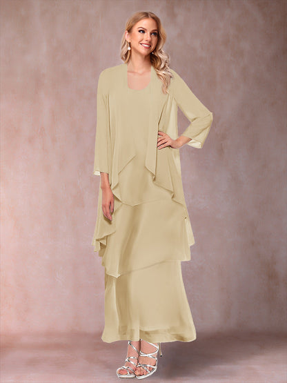 A-Line/Princess Scoop 3/4 Sleeves 3 Pieces Mother of the Bride Dress with Ruffles & Jacket