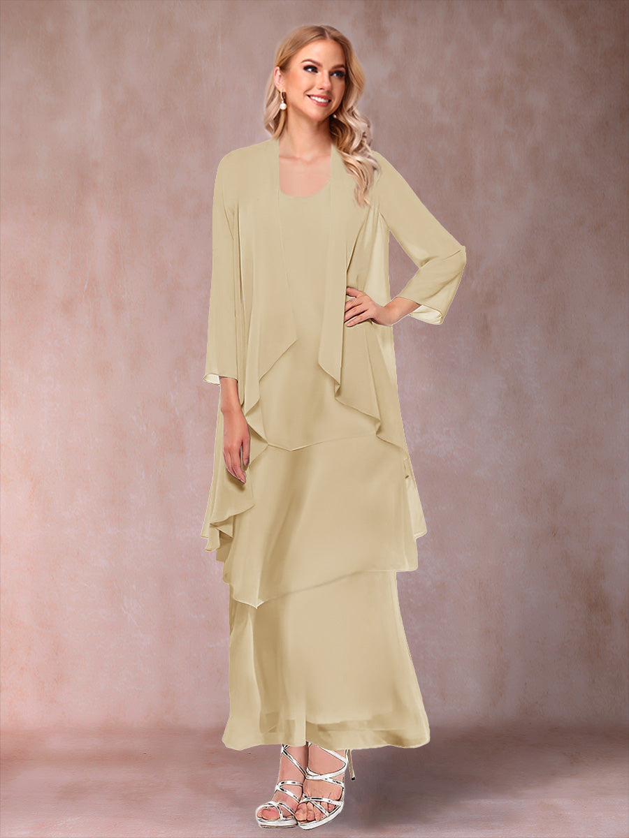 A-Line/Princess Scoop 3/4 Sleeves 3 Pieces Mother of the Bride Dress with Ruffles & Jacket