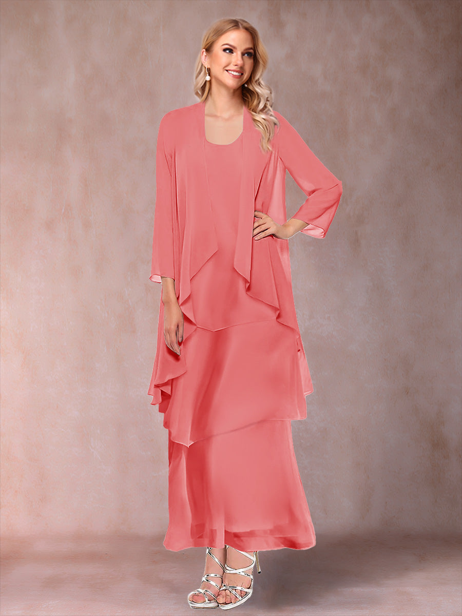 A-Line/Princess Scoop 3/4 Sleeves 3 Pieces Mother of the Bride Dress with Ruffles & Jacket
