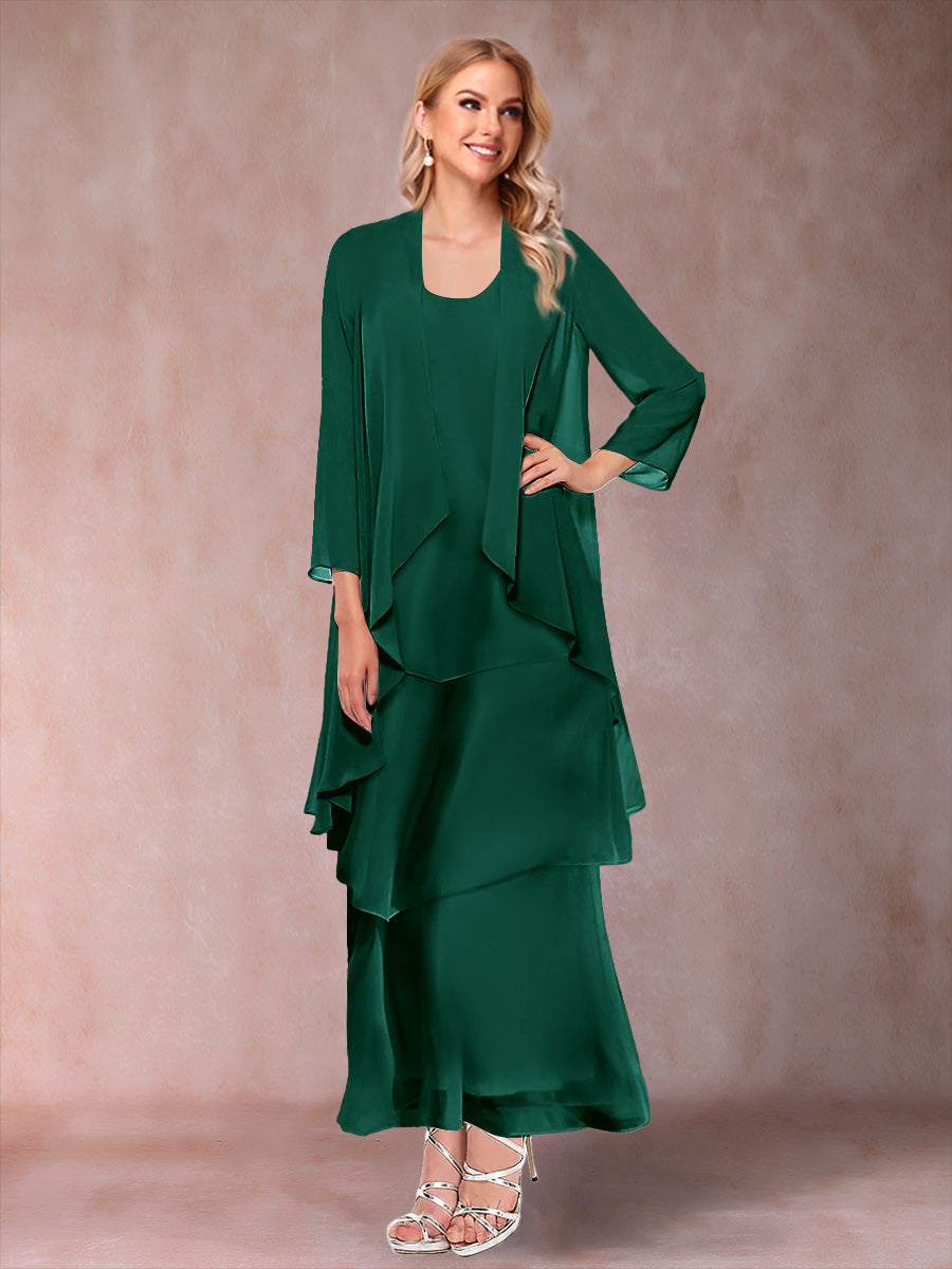 A-Line/Princess Scoop 3/4 Sleeves 3 Pieces Mother of the Bride Dress with Ruffles & Jacket