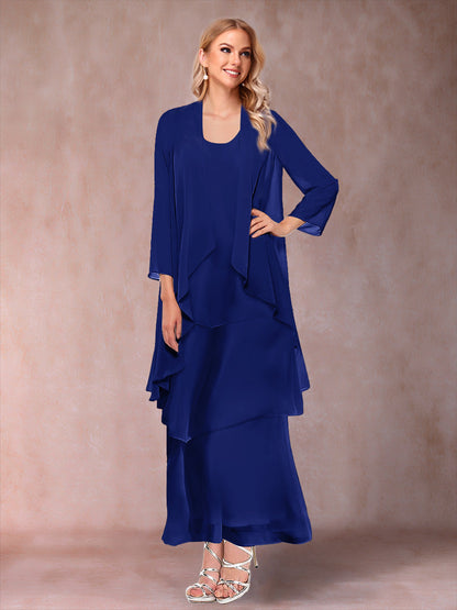 A-Line/Princess Scoop 3/4 Sleeves 3 Pieces Mother of the Bride Dress with Ruffles & Jacket