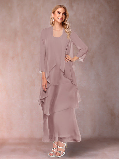 A-Line/Princess Scoop 3/4 Sleeves 3 Pieces Mother of the Bride Dress with Ruffles & Jacket