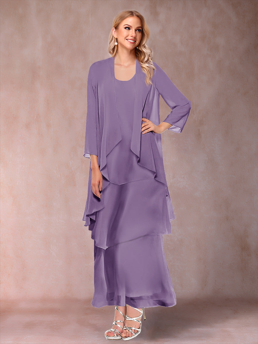 A-Line/Princess Scoop 3/4 Sleeves 3 Pieces Mother of the Bride Dress with Ruffles & Jacket