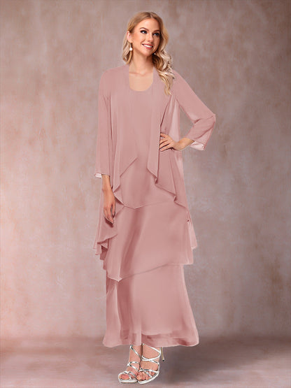 A-Line/Princess Scoop 3/4 Sleeves 3 Pieces Mother of the Bride Dress with Ruffles & Jacket