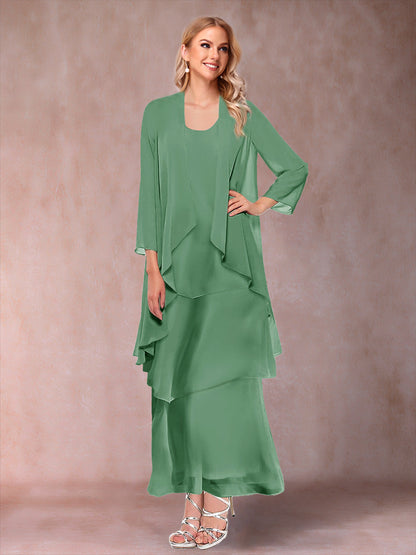 A-Line/Princess Scoop 3/4 Sleeves 3 Pieces Mother of the Bride Dress with Ruffles & Jacket