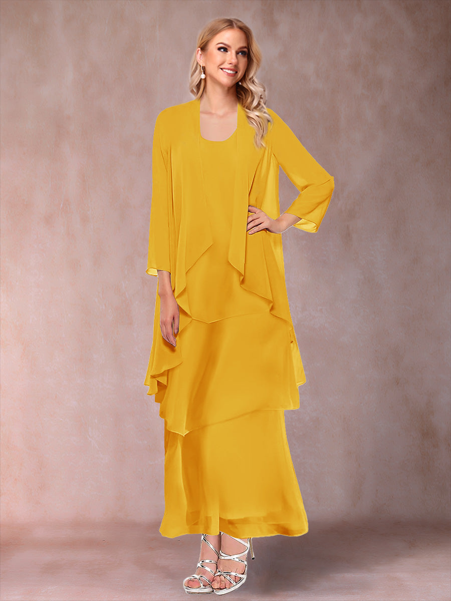 A-Line/Princess Scoop 3/4 Sleeves 3 Pieces Mother of the Bride Dress with Ruffles & Jacket