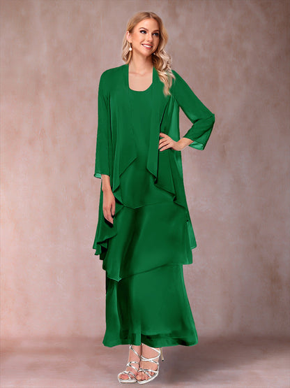 A-Line/Princess Scoop 3/4 Sleeves 3 Pieces Mother of the Bride Dress with Ruffles & Jacket