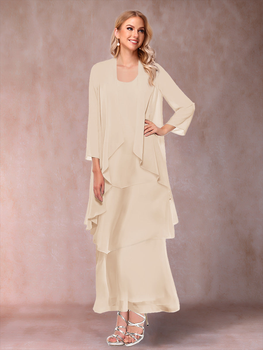 A-Line/Princess Scoop 3/4 Sleeves 3 Pieces Mother of the Bride Dress with Ruffles & Jacket