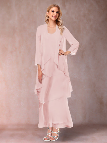 A-Line/Princess Scoop 3/4 Sleeves 3 Pieces Mother of the Bride Dress with Ruffles & Jacket