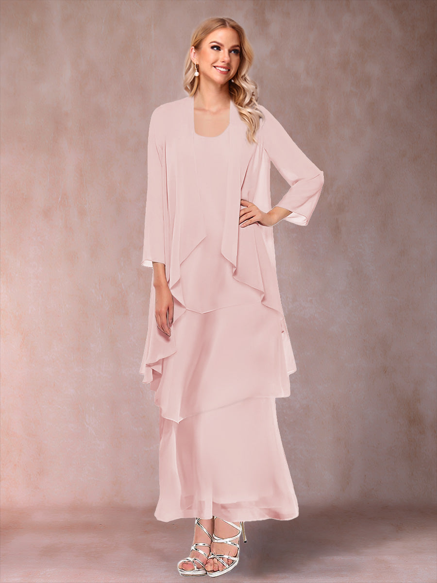 A-Line/Princess Scoop 3/4 Sleeves 3 Pieces Mother of the Bride Dress with Ruffles & Jacket