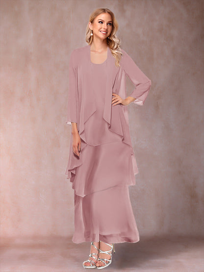 A-Line/Princess Scoop 3/4 Sleeves 3 Pieces Mother of the Bride Dress with Ruffles & Jacket