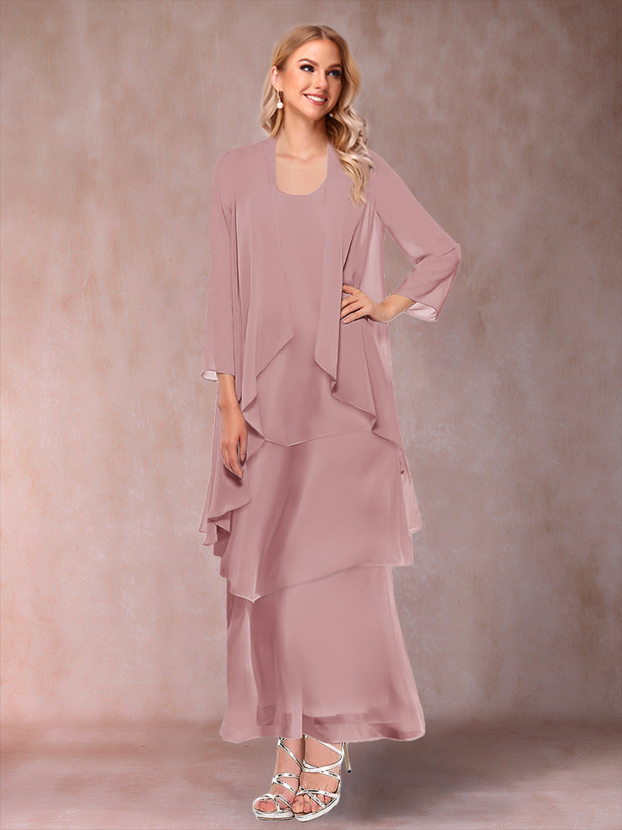 A-Line/Princess Scoop 3/4 Sleeves 3 Pieces Mother of the Bride Dress with Ruffles & Jacket
