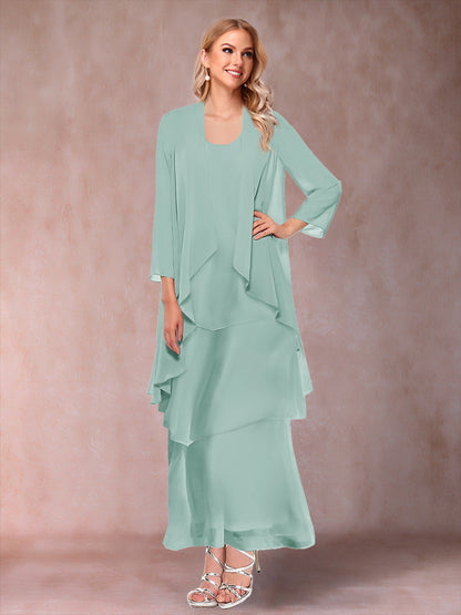 A-Line/Princess Scoop 3/4 Sleeves 3 Pieces Mother of the Bride Dress with Ruffles & Jacket