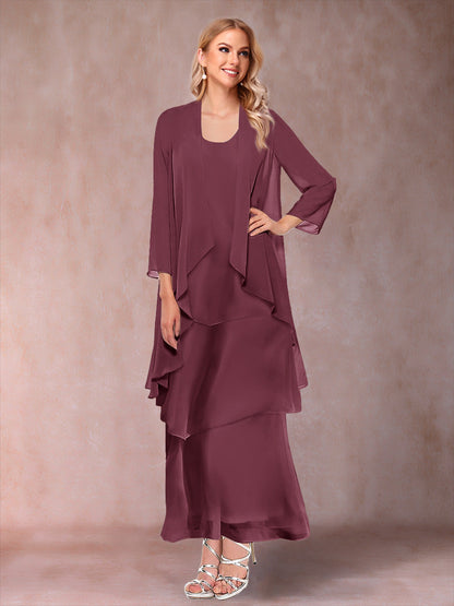 A-Line/Princess Scoop 3/4 Sleeves 3 Pieces Mother of the Bride Dress with Ruffles & Jacket