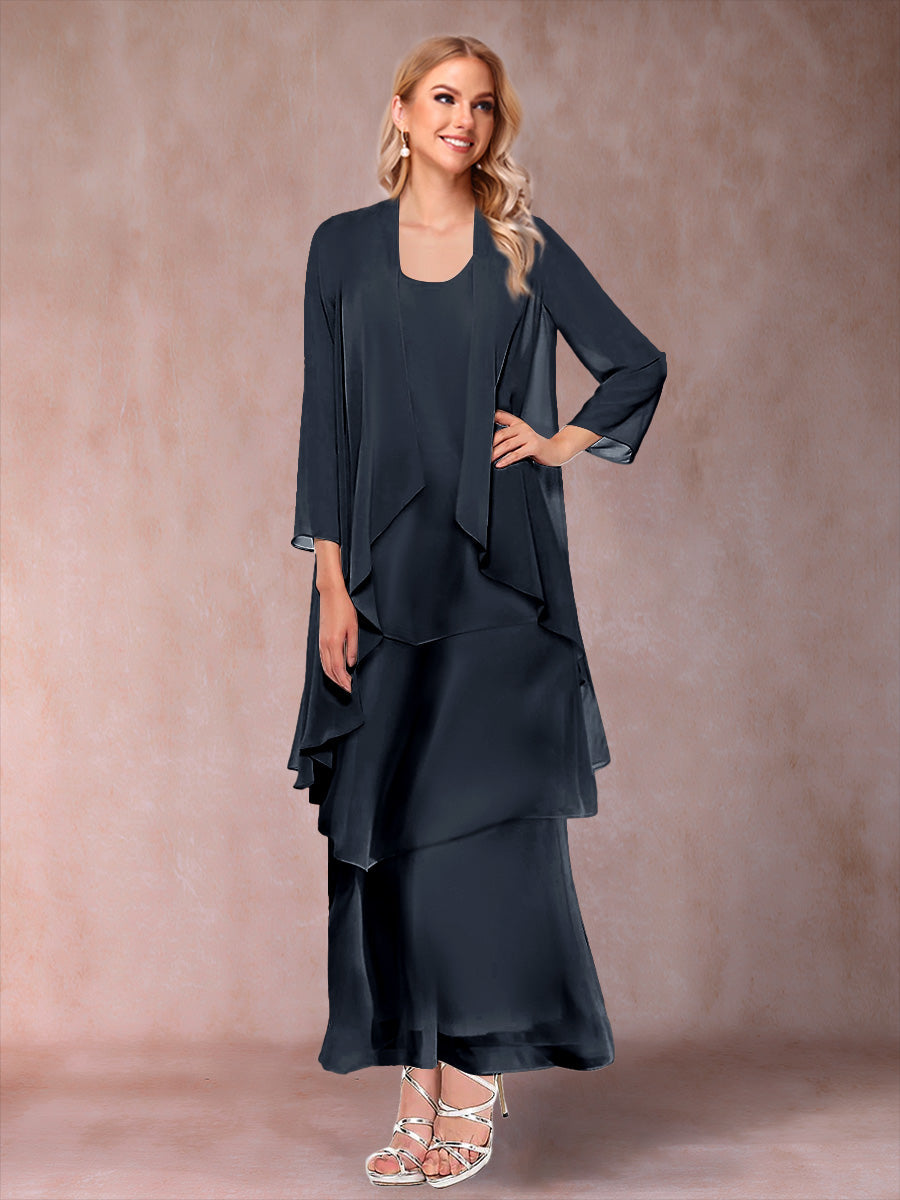 A-Line/Princess Scoop 3/4 Sleeves 3 Pieces Mother of the Bride Dress with Ruffles & Jacket