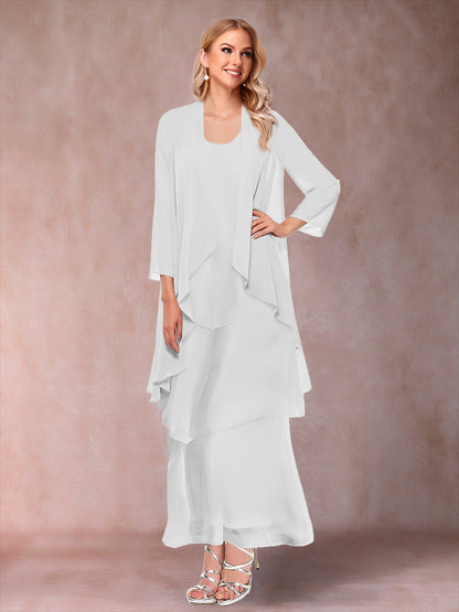 A-Line/Princess Scoop 3/4 Sleeves 3 Pieces Mother of the Bride Dress with Ruffles & Jacket