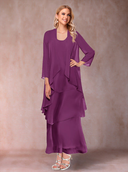 A-Line/Princess Scoop 3/4 Sleeves 3 Pieces Mother of the Bride Dress with Ruffles & Jacket