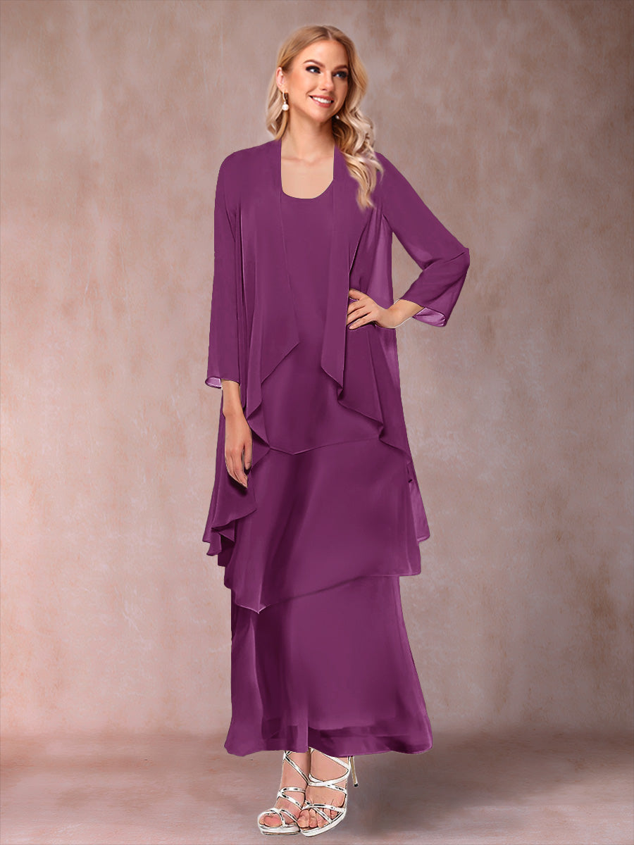 A-Line/Princess Scoop 3/4 Sleeves 3 Pieces Mother of the Bride Dress with Ruffles & Jacket