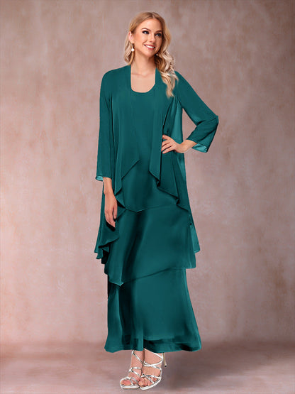 A-Line/Princess Scoop 3/4 Sleeves 3 Pieces Mother of the Bride Dress with Ruffles & Jacket