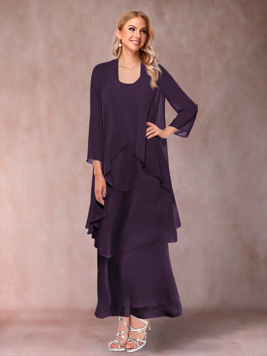 A-Line/Princess Scoop 3/4 Sleeves 3 Pieces Mother of the Bride Dress with Ruffles & Jacket