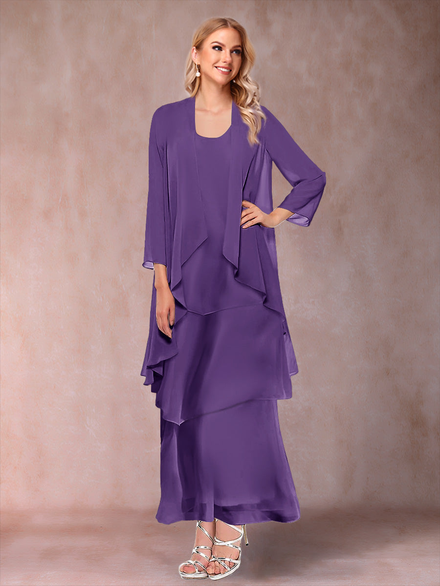 A-Line/Princess Scoop 3/4 Sleeves 3 Pieces Mother of the Bride Dress with Ruffles & Jacket