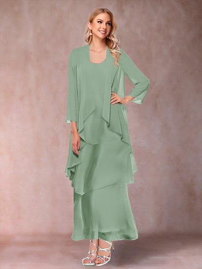 A-Line/Princess Scoop 3/4 Sleeves 3 Pieces Mother of the Bride Dress with Ruffles & Jacket