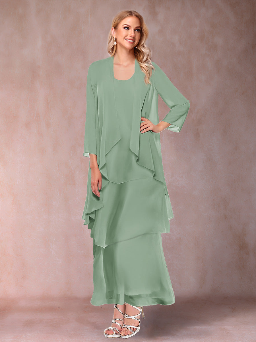 A-Line/Princess Scoop 3/4 Sleeves 3 Pieces Mother of the Bride Dress with Ruffles & Jacket