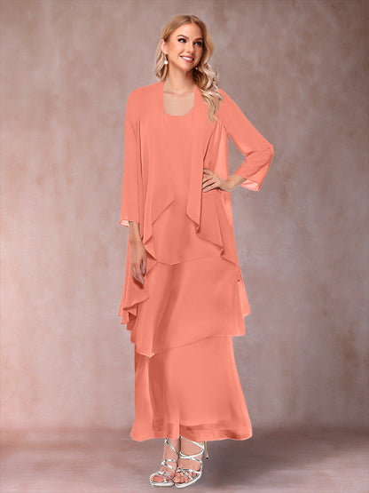 A-Line/Princess Scoop 3/4 Sleeves 3 Pieces Mother of the Bride Dress with Ruffles & Jacket