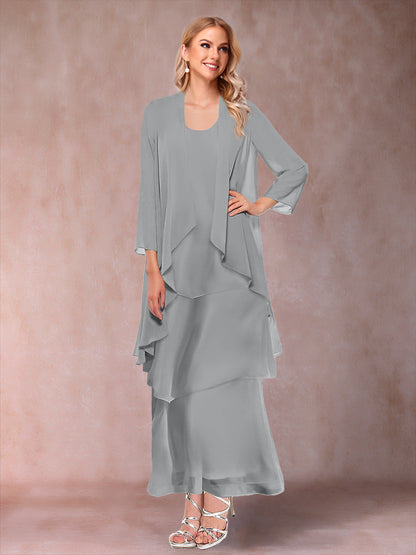 A-Line/Princess Scoop 3/4 Sleeves 3 Pieces Mother of the Bride Dress with Ruffles & Jacket