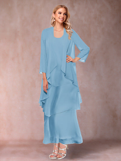 A-Line/Princess Scoop 3/4 Sleeves 3 Pieces Mother of the Bride Dress with Ruffles & Jacket