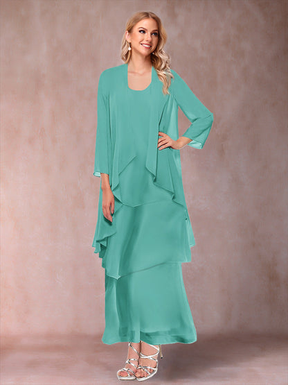 A-Line/Princess Scoop 3/4 Sleeves 3 Pieces Mother of the Bride Dress with Ruffles & Jacket