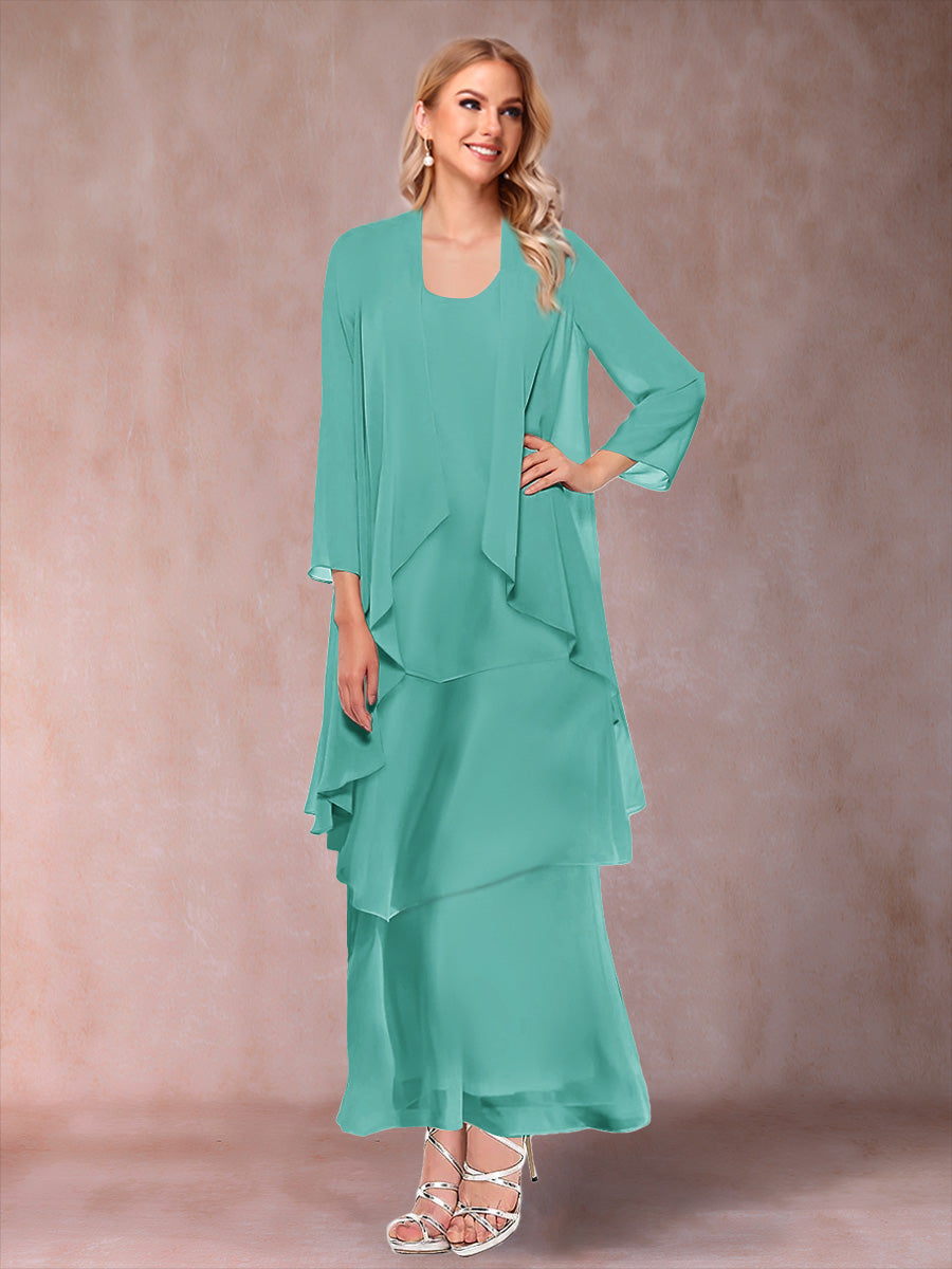 A-Line/Princess Scoop 3/4 Sleeves 3 Pieces Mother of the Bride Dress with Ruffles & Jacket