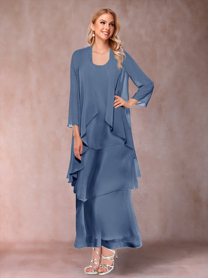 A-Line/Princess Scoop 3/4 Sleeves 3 Pieces Mother of the Bride Dress with Ruffles & Jacket