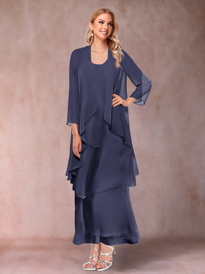 A-Line/Princess Scoop 3/4 Sleeves 3 Pieces Mother of the Bride Dress with Ruffles & Jacket
