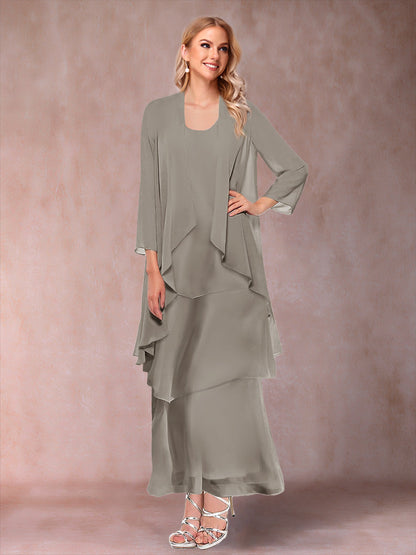 A-Line/Princess Scoop 3/4 Sleeves 3 Pieces Mother of the Bride Dress with Ruffles & Jacket
