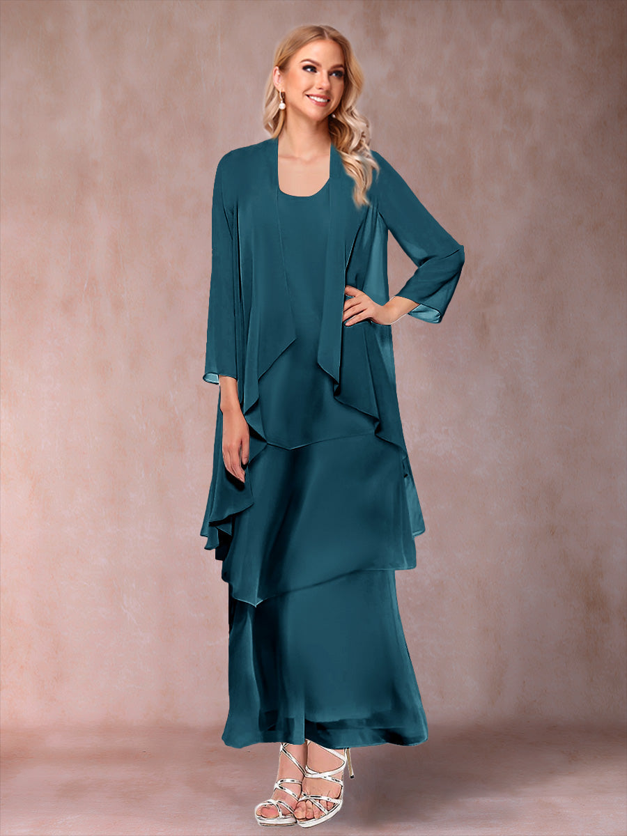 A-Line/Princess Scoop 3/4 Sleeves 3 Pieces Mother of the Bride Dress with Ruffles & Jacket
