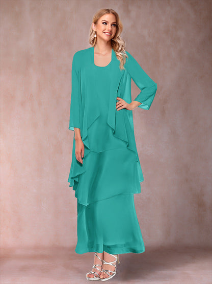 A-Line/Princess Scoop 3/4 Sleeves 3 Pieces Mother of the Bride Dress with Ruffles & Jacket