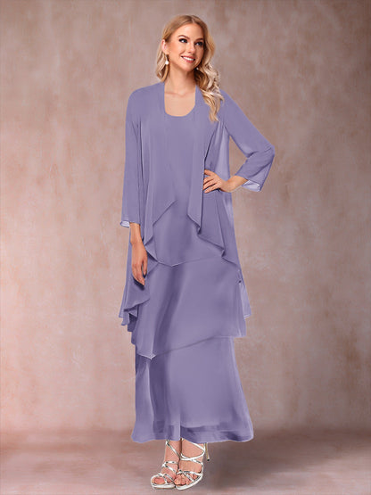 A-Line/Princess Scoop 3/4 Sleeves 3 Pieces Mother of the Bride Dress with Ruffles & Jacket