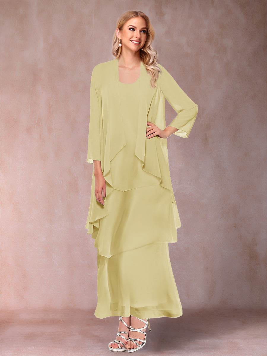 A-Line/Princess Scoop 3/4 Sleeves 3 Pieces Mother of the Bride Dress with Ruffles & Jacket