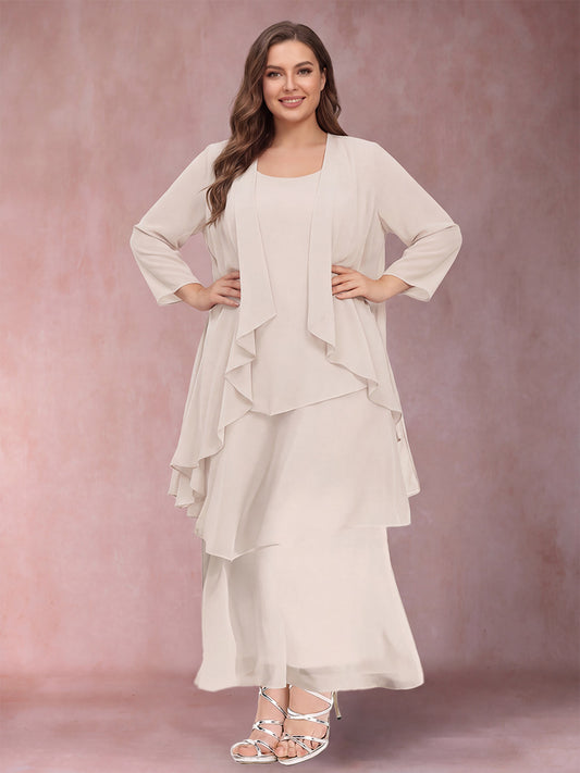 A-Line/Princess Scoop 3/4 Sleeves 3 Pieces Plus Size Mother of the Bride Dress with Ruffles & Jacket