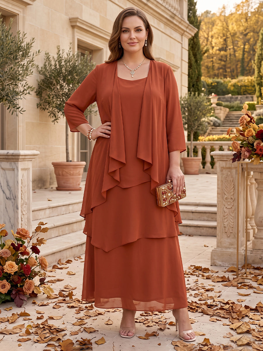 A-Line/Princess Scoop 3/4 Sleeves 2 Pieces Chiffon Plus Size Mother of the Bride Dress with Ruffles & Jacket